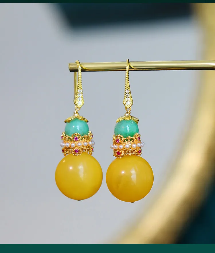 Natural Amber & Jadeite Dangle Earrings, 925 Silver Gilded, Freshwater Pearl & Rhinestone Decor, Chinese Vintage Drop Earrings
