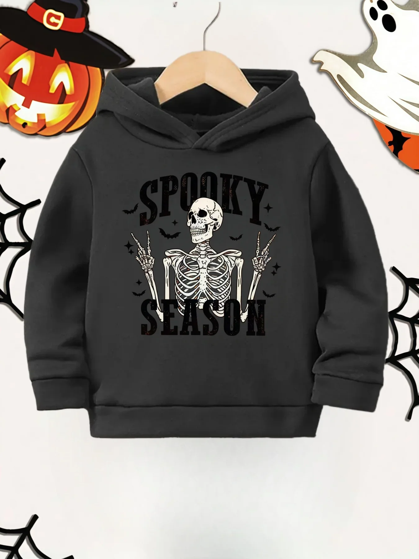 Halloween Spooky Season Skeleton Kids Hoodie Autumn Winter Fleece Warm Graphic Print Casual Pullover Hooded Sweatshirt