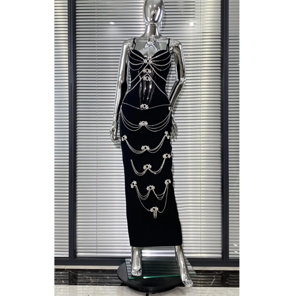 

Luxury Woman Haute Couture Evening Dress Sparkling Diamonds Strapless Black Ankle Length Bandage Dress Birthday Party Outfit