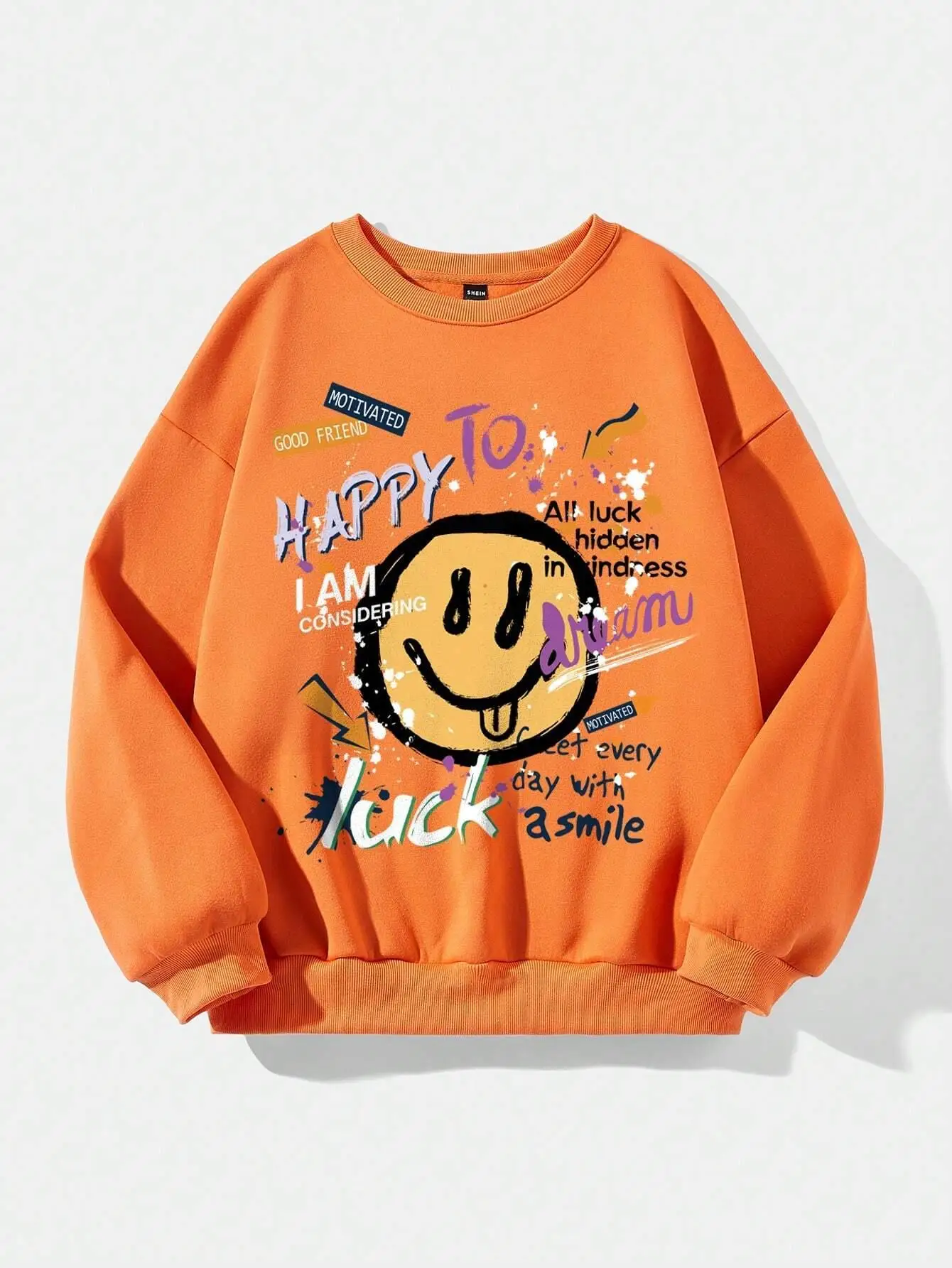 Fun Graffiti Cute Smiling Face Printing For Womens Casual Fashion Comfortable Crewneck Hoodies Loose Fleece Warm Sportswear Tops