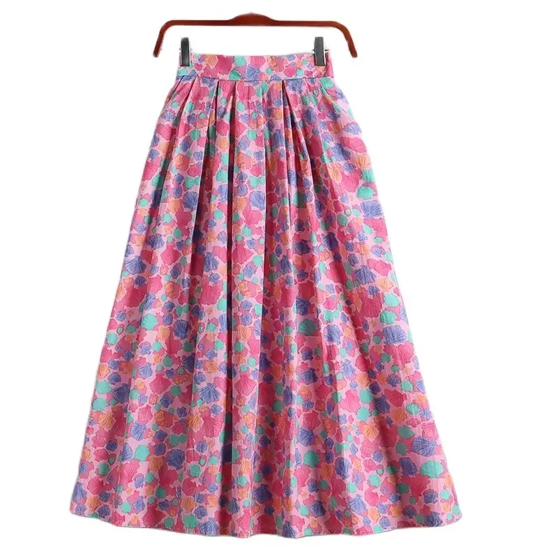 

2022 Summer Women Pleated Long Skirts Vintage High Waist Faldas Larga Elastic Floral Printed Ladies Skirt With Pockets A1176