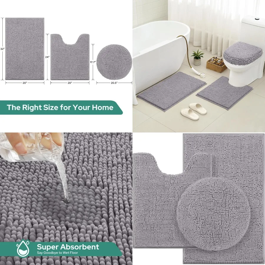 회색 욕실 매트 세트 3종 셔닐 욕실 매트 부드럽고 흡수성 좋은 미끄럼 방지 세탁 가능 욕실 매트와 변기 뚜껑 커버 포함 이상적인 선물