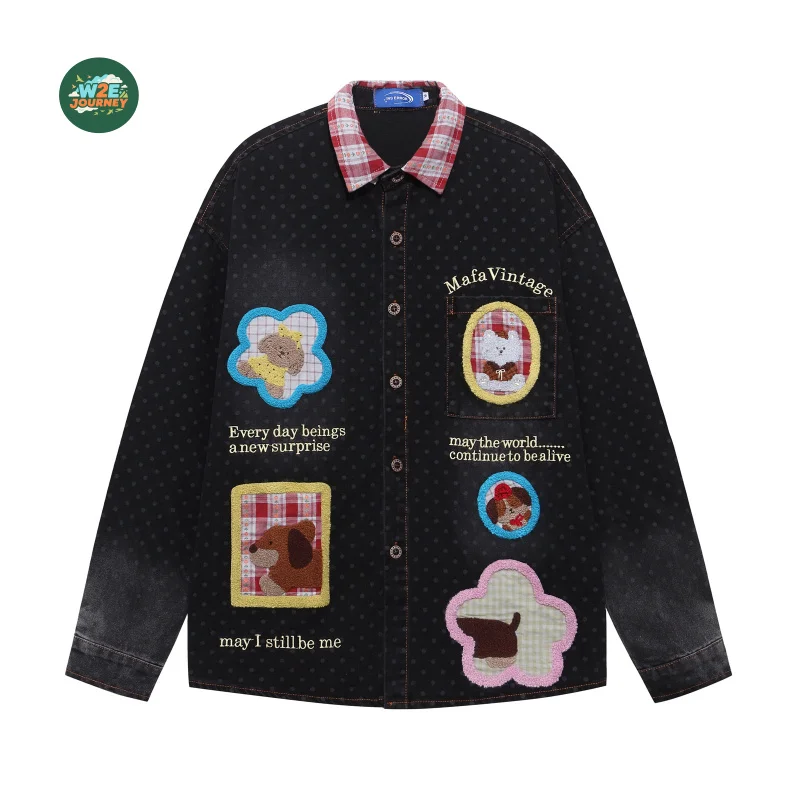 

W2EJOURNEY, размер ЕС, США, роскошная уличная одежда премиум-качества, винтажная забавная джинсовая рубашка с длинными рукавами и мультяшной вышивкой в стиле пэчворк