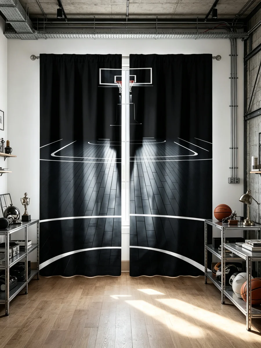 2PCS Digital Print Curtains, Basketball Court Sports Theme, Black White Line Art Rod Pocket Drapes for Bedroom Living Room