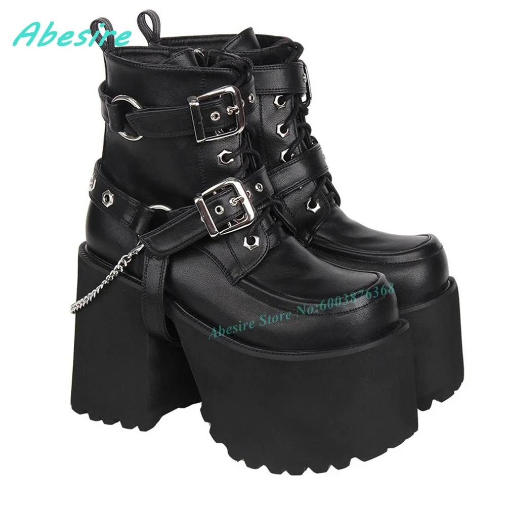 Multi‑Buckle Chain Lace‑Up Platform Ankle Boots Round Toe Chunky Heel Women's Boots Y2K Punk Gothic Street-Style Cosplay Shoes