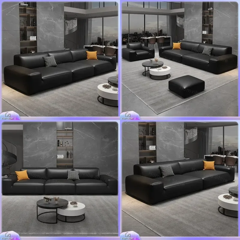 Modern Minimalist Black Leather Sofa Italian Design Tofu Block Couch Straight Row Living Room Furniture Small Apartment Home