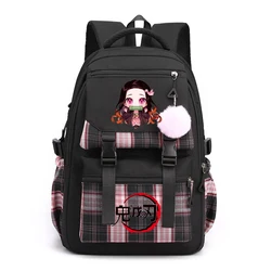 Demon Slayer Nezuko Backpacks Plaid multi-pocket Women Girls Laptop School Bags Lightweight Travel Outdoor Mochilas