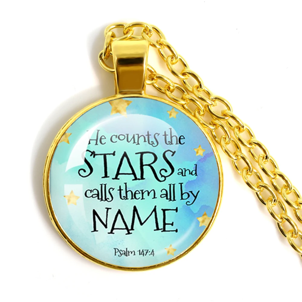 He Counts The Stars And Calls Them All By Name Bible Verse Quote Necklace Glass Custom Jewelry Pendant Christian Believers Gifts