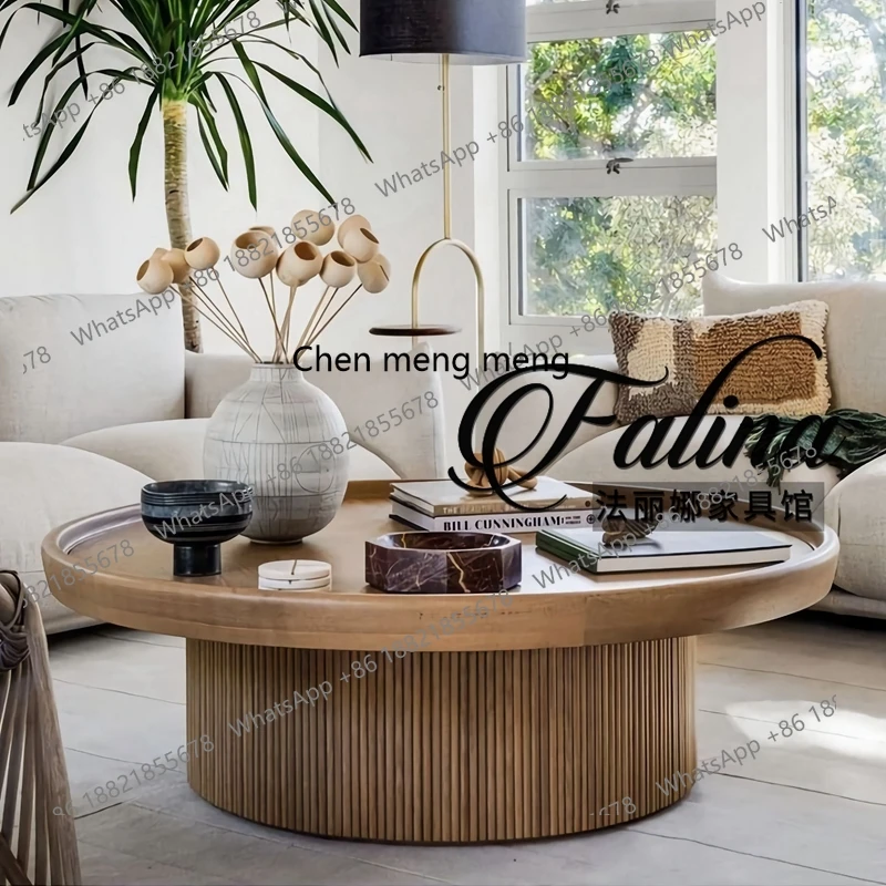 Retro Coffee Table Simple Solid Wood Carved Round Living Room Side Table Nordic Round Table French Vintage Tea