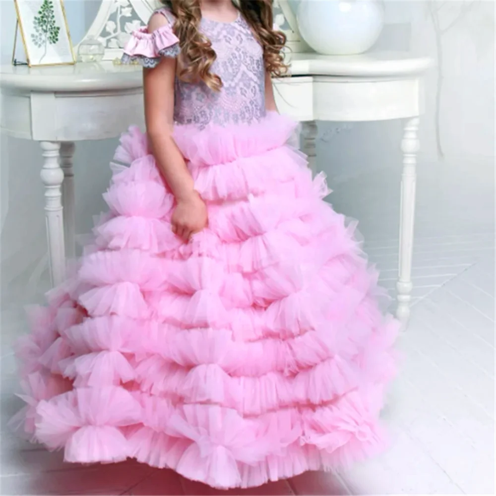 

Flower Girl Dress Pink Angel Sleeveless Tulle Lace Layered Princess Ball First Communion Dresses Kids Surprise Birthday Present