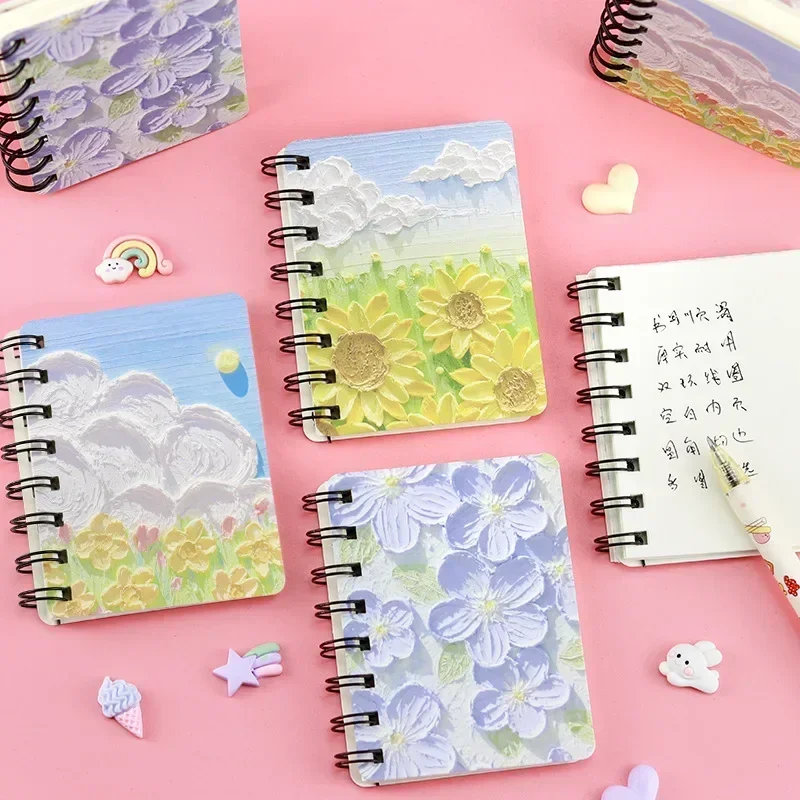 A7 Cute Flower/moon Oil Painting Mini Notebook Portable Pocket Loose-leaf Journal Planner Student Stationery Blank Inside Page