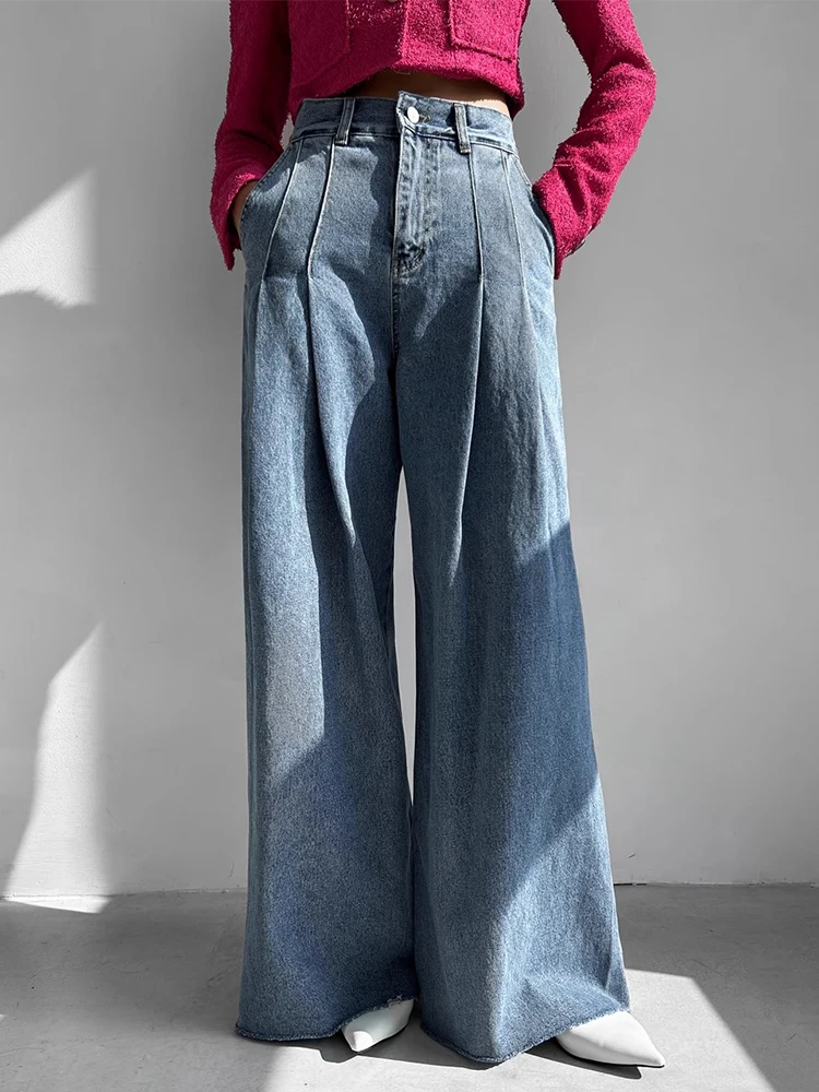 

SuperAen 2024 Korean Chic Spring Vintage High Waist Pleated Design Washed Wide Leg Jeans for Women