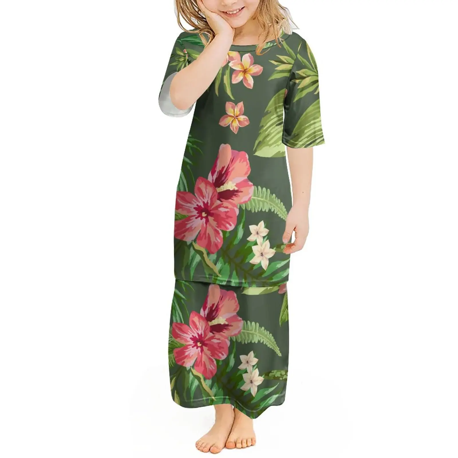 New Children's Custom Pattern Girl Dress Round Neck Half Sleeve Girl Dresses Maori Polynesian Kids Costume Tribal Puletasi Frock