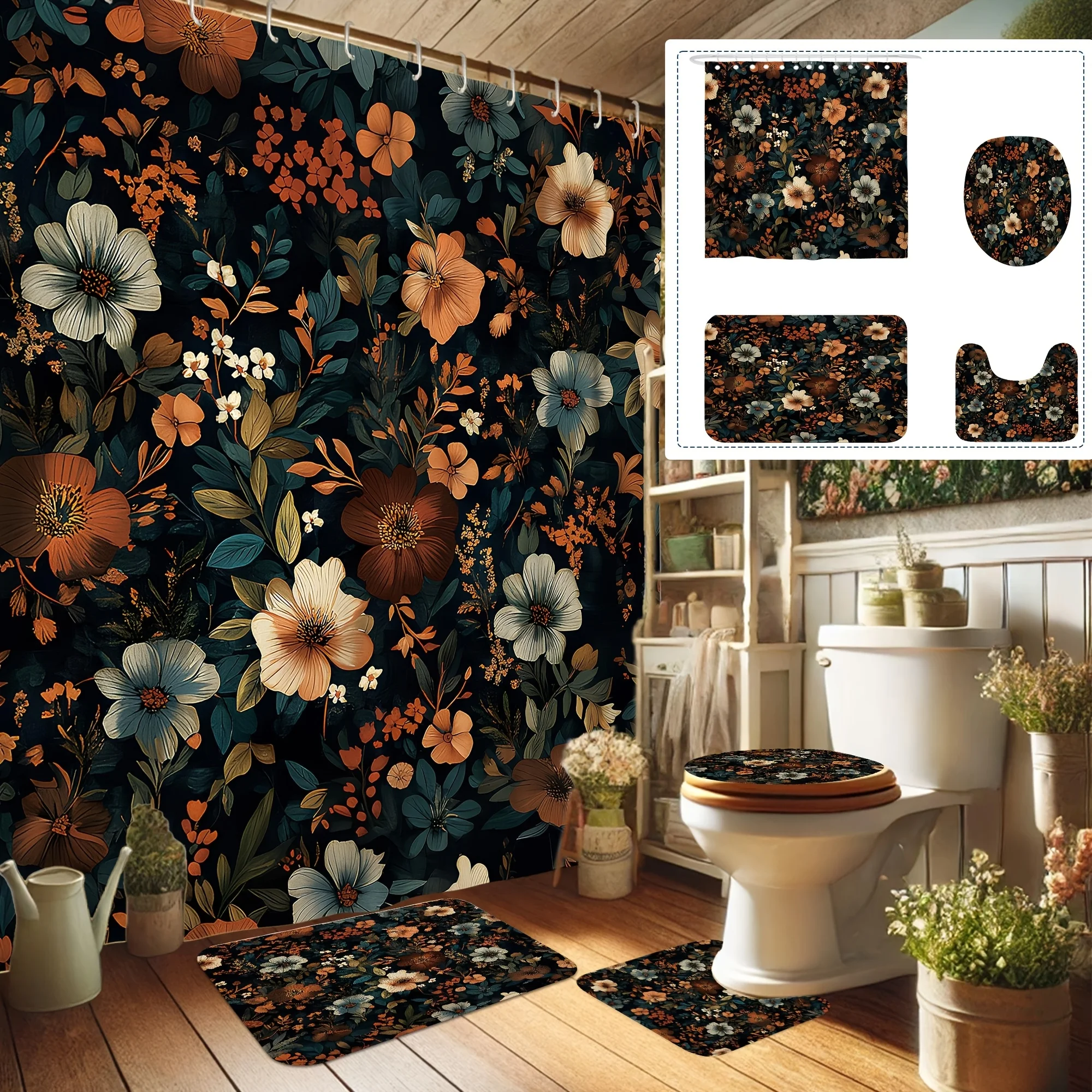 

4pcs Spring Decorations Shower Curtain Set Floral Plant Leaves Vintage Cottagecore Red Beige Brown Shower Curtain Machine Wash