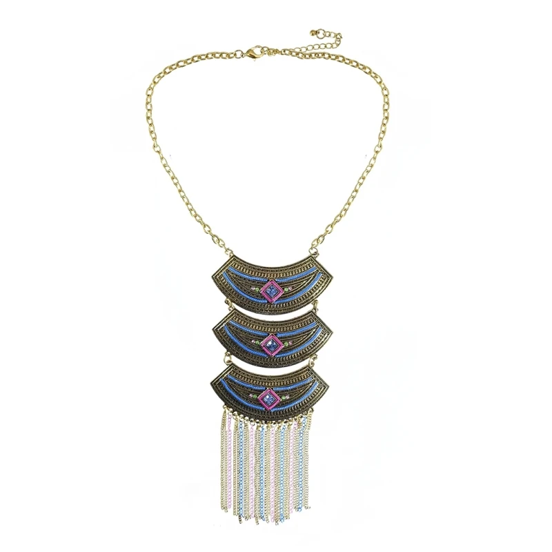 Bohemian Ethnic Style Tassel Necklace Diamond Inlaid Multi-layer Geometric Pendant Travel Holiday Jewelry