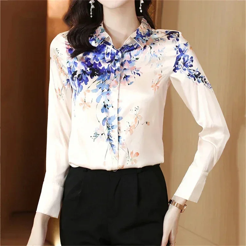 Women\'s Blouse Printed Satin Summer Shirts Lapels Long Sleeves Faux Silk Shirt Female Elegant Blouses Blusas Para Mujer 6673