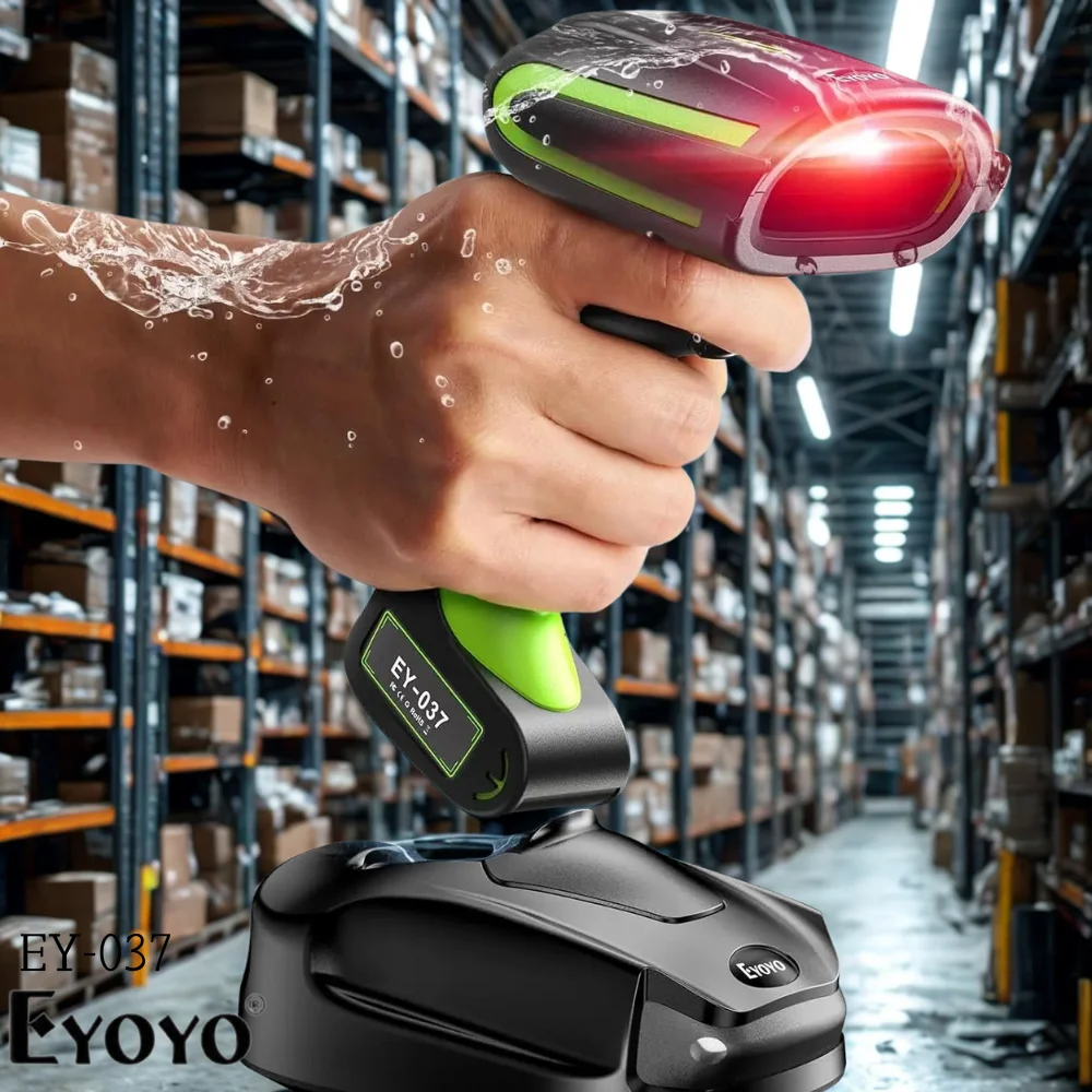 Eyoyo 2D QR Industrial Barcode Scanner, IP65 Waterproof 3-in-1 Bluetooth, Wireless and USB Hands-Free Barcode Reader For Android