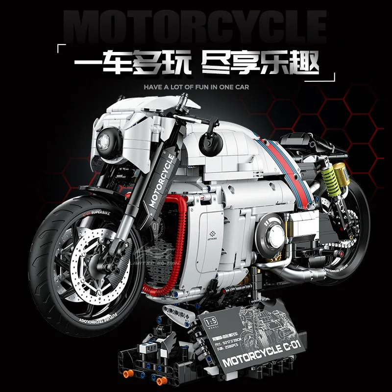 2616pcs MOC Idea 2 in 1 Technical 1:5 Motorcycle Lotus C-01 Building Blocks Model Mecha Robot Bricks Toys for Boys Gift Set
