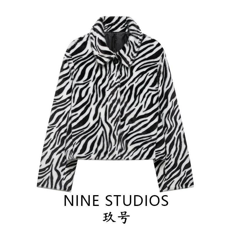 NINE ZAR Women's Short Casual Style Furry Coat Long Sleeve Turn-down Collar Zebra Pattern Padded Jacket with Pocket