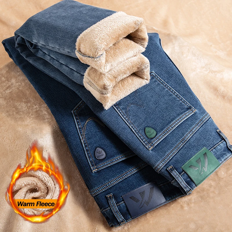 冬のメンズフリース暖かいジーンズファッション弾性ストレートビジネスカジュアルダークブルーデニムパンツ肥厚ぬいぐるみベルベットズボン