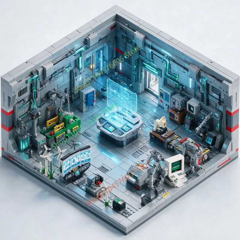 MOC City Tech Building Blocks Computer Fuel Dispenser Monitor Repair Station Safety Box Cabinet Assembly DIY Model Toys Gift T18