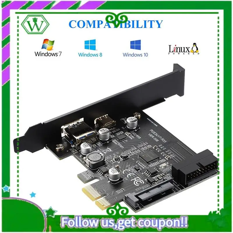 ABIK-PCI-E 1X para USB 3.2 Gen1 USB3.2 Tipo-C Placa adaptadora frontal 2 portas (Tipo C + Tipo A) Placa de expansão
