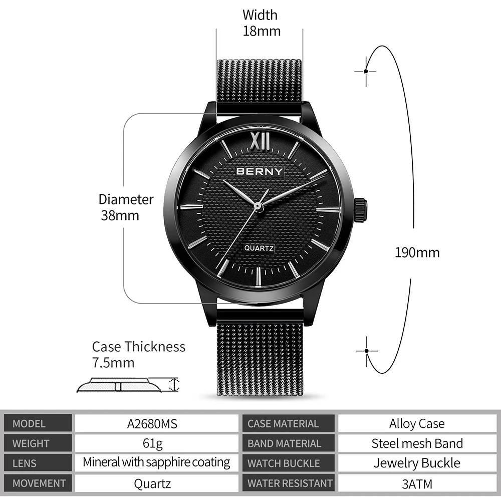 BERNY Uhren für Herren, schlanke, lässige, modische Quarz-Armbanduhren, Herrenuhr, klassisch, minimalistisch, wasserdicht – Detail 8