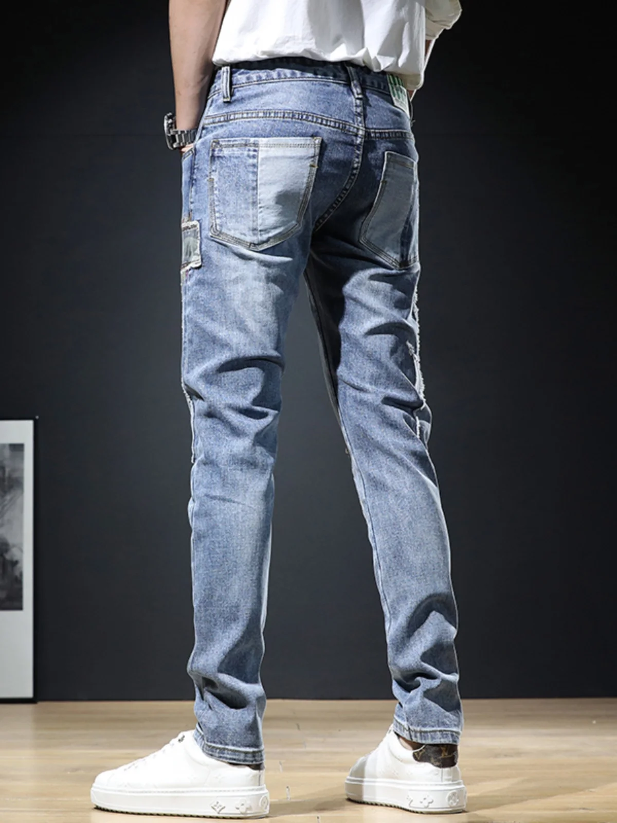 Primavera 2025 Faion Jeans da uomo elastici Patchwork Riparazione Pantaloni in denim slim fit Pantaloni lunghi casual da gioventù Cerniera a vita media