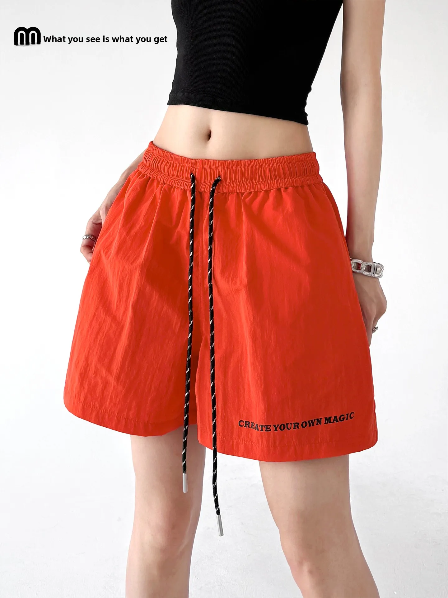 

High Waist Sporty Orange Dopaamine Style Women's Shorts Summer 2026 Outdoor Running Casual Pants Wide Leg Loose Fit Polyester...