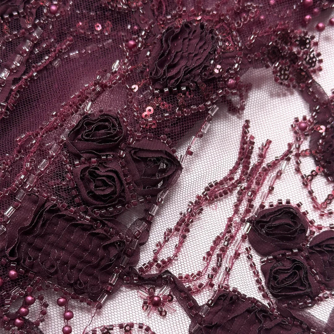 

African Geometric French Tulle Net Lace Fabric 1 Yards Sequins Beaded Tube Embroidery High Quality Lace For Wedding Party Dress