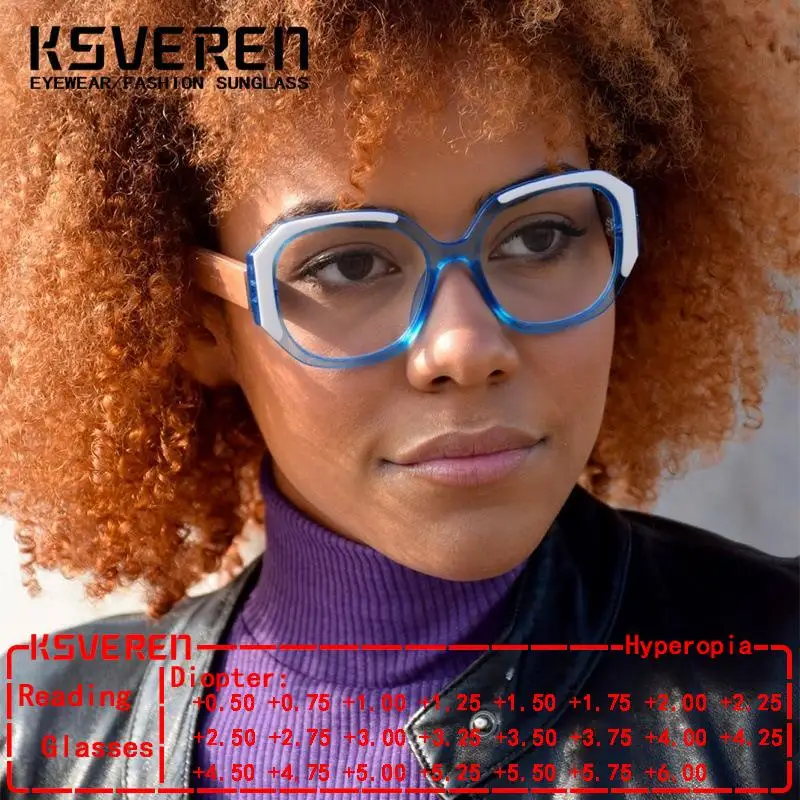 Women Anti Blue Light Large Frame Reading Glasses Female Fashion Color Blocked Finished Presbyopic Eyeglasses Customize Diopter