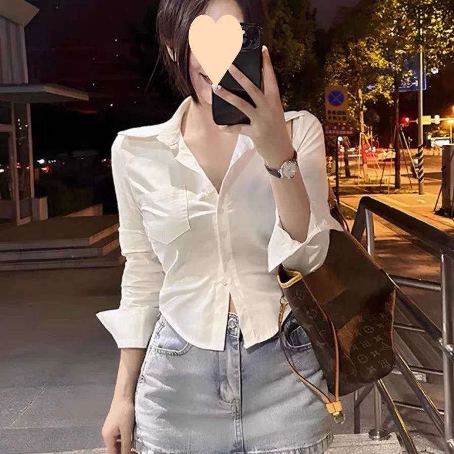 Poloshirt for Women Solid Color Blouse Collar Casual  Korean Long Sleeves Design Polo Tops Basic Fitted Women Shirt 2025 New