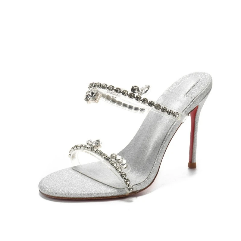 

Женские мюли на высоком каблуке со стразами, летние босоножки на шпильке с ремешками, открытый носок, туфли без застежек для вечеринок и свадеб, коллекция 2026 года