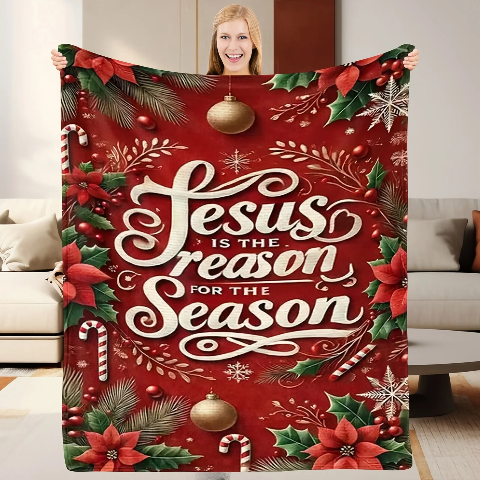 Religious Jesus Is The Reason Floral Letter Printed Flannel Blanket Warm Soft Cozy Throw Blanket Couch Bed Living Room Decor
