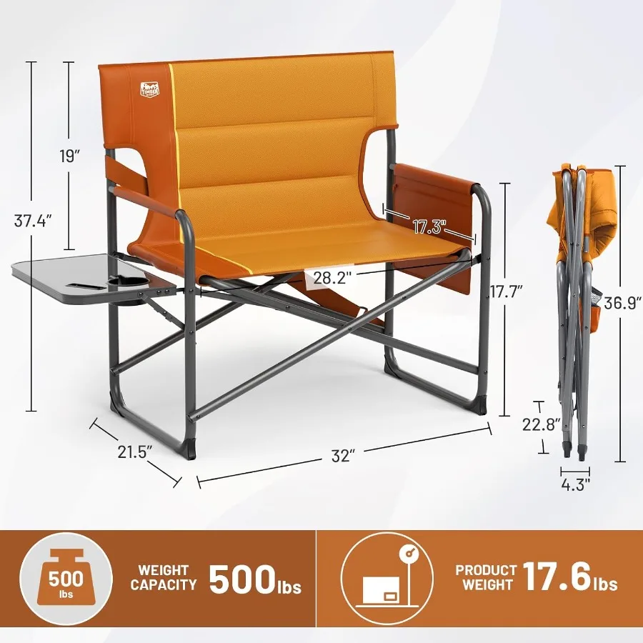 Silla de director XXL con mesa auxiliar Silla plegable resistente con capacidad de 500 lb Asiento acolchado extra ancho para una comodidad mejorada