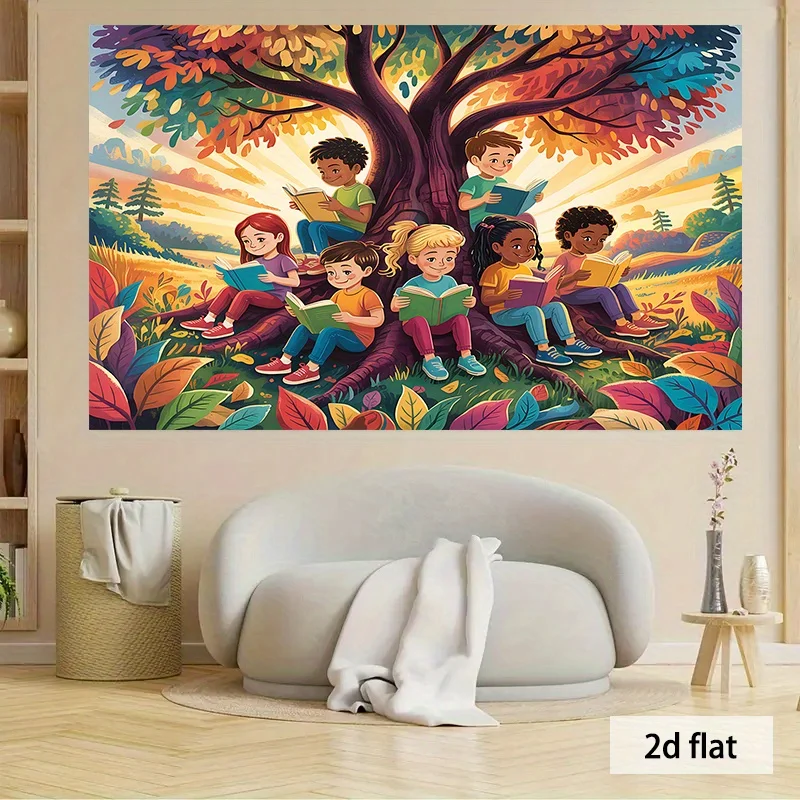 

2D Flat,Kids Reading Under Colorful Tree Autumn Leaves Nature Education Illustration Tapestry Nursery Classroom Decor Whimsical