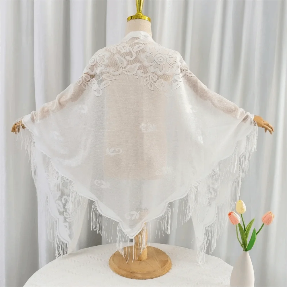 

Модный тюлевой шарф с кисточками в стиле пэчворк, однотонная дышащая кружевная шаль, аксессуары для вечеринок, полая вечерняя шаль