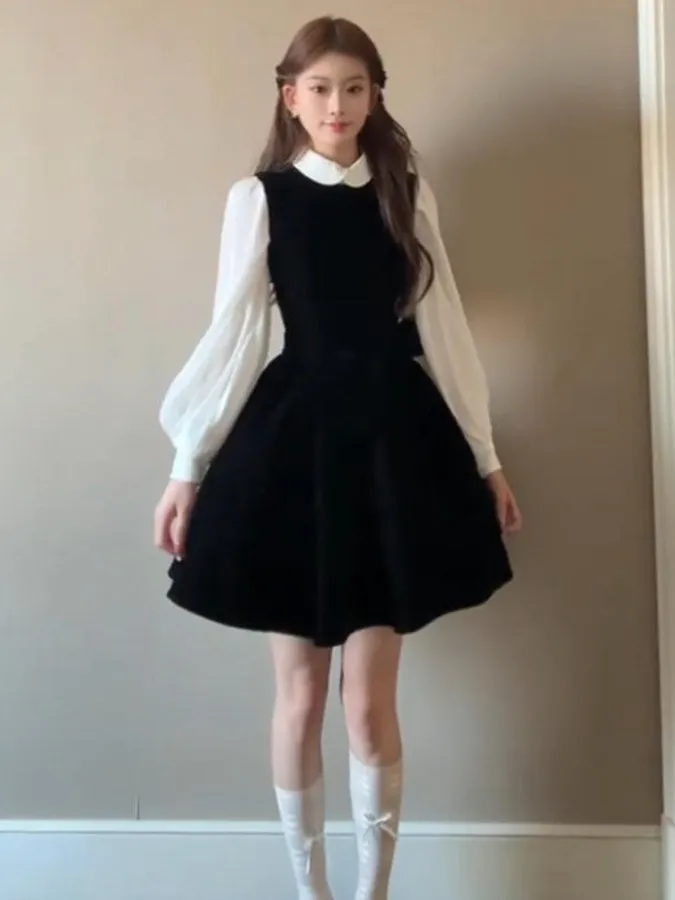 plus Size Hepburn Style Shirt Vest Dress Set Women's Vintage Sweet Unique Beautiful Complete Two-Piece Fashionable Autumn Wear