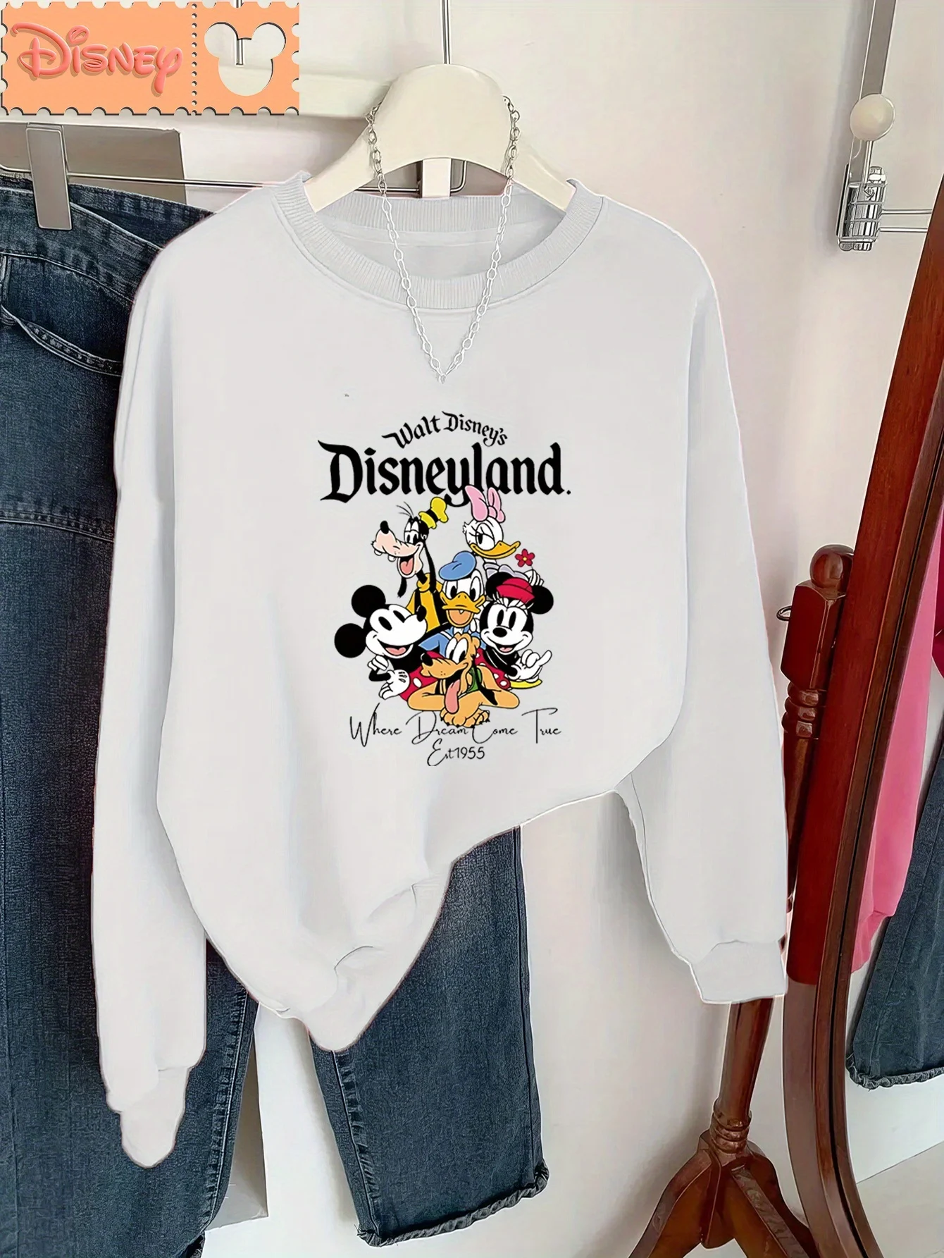 Sudadera con estampado de patrón Disneyland para mujer estilo casual manga corta cuello redondo otoño e invierno estilo deportivo versátil