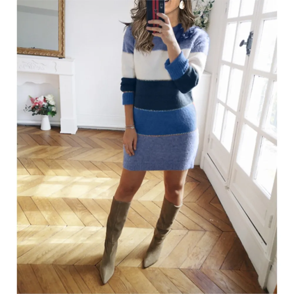 

Silm Fit Sweater Dress Women Winter Vintage Knitted Party Pullover Jumper 2023 Female Striped Long Sleeve Elgant Sexy Mini Dress