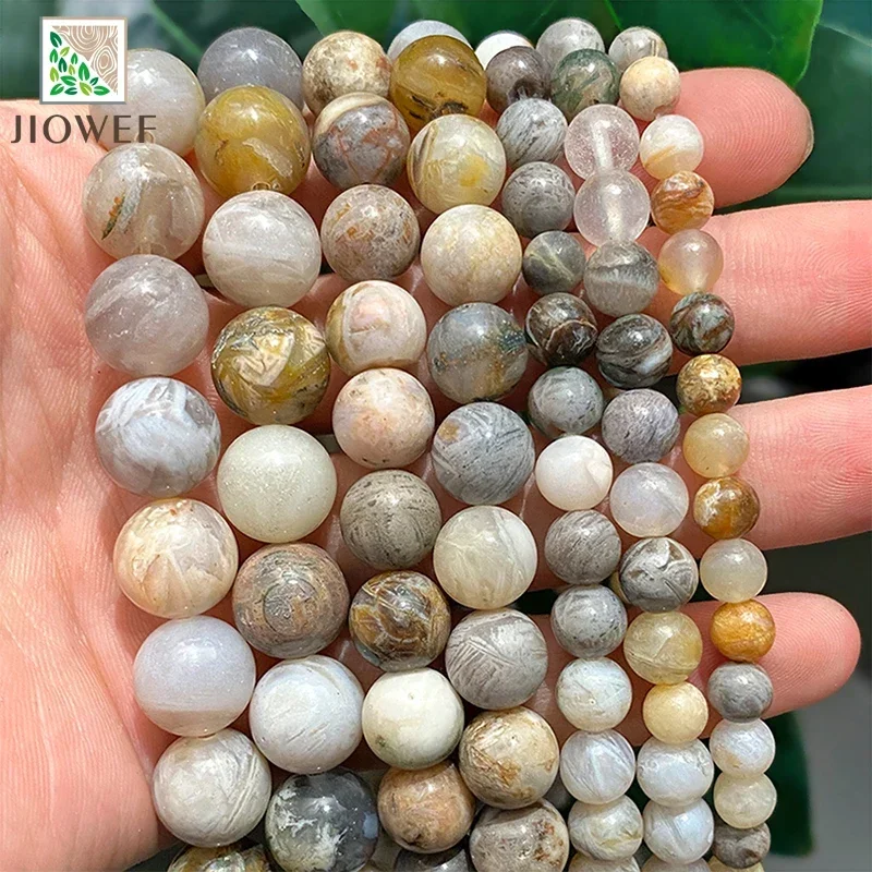 Smooth Bamboo Leaf Agates Natural Stone Round Beads for Fashion Jewelry Making Handmade DIY Charms Bracelet 15