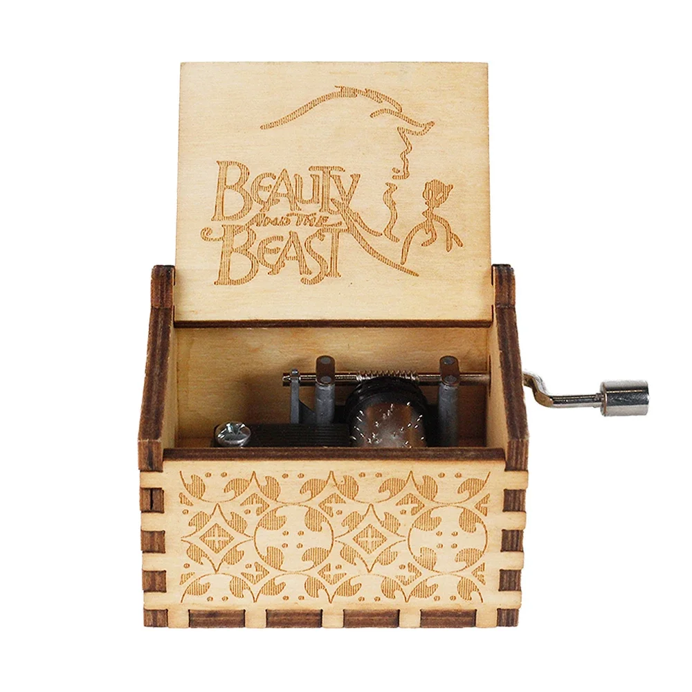 Wooden Music Box Frozen Beauty and Beast Hand Cranked Home Decoration Carved Musical Box Valentine's Day Birthday Gif Disney