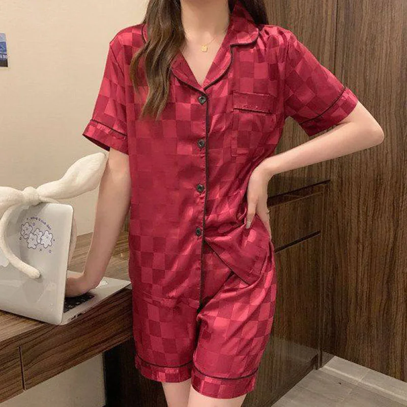 Pajamas Female Jacquard Lattice Ice Silk Short-Sleeved Shorts Suit Cardigan Lapel Solid-Color Girl Home Wear Women Sleepwear