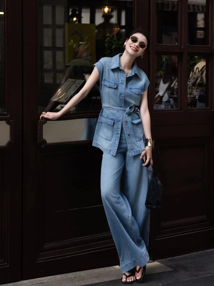 

Модный комплект из джинсового жилета свободного кроя с завышенной талией и брюк от Zeroyk, летний женский хлопковый костюм-двойка 2026 года