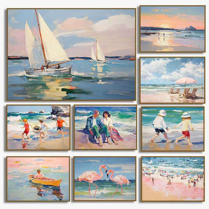 1PC Frameless  Abstract Pastel Sunset Beach Figure Sailboat Flamingo Seascape Coastal Poster Canvas Painting Wall Art Pictures H