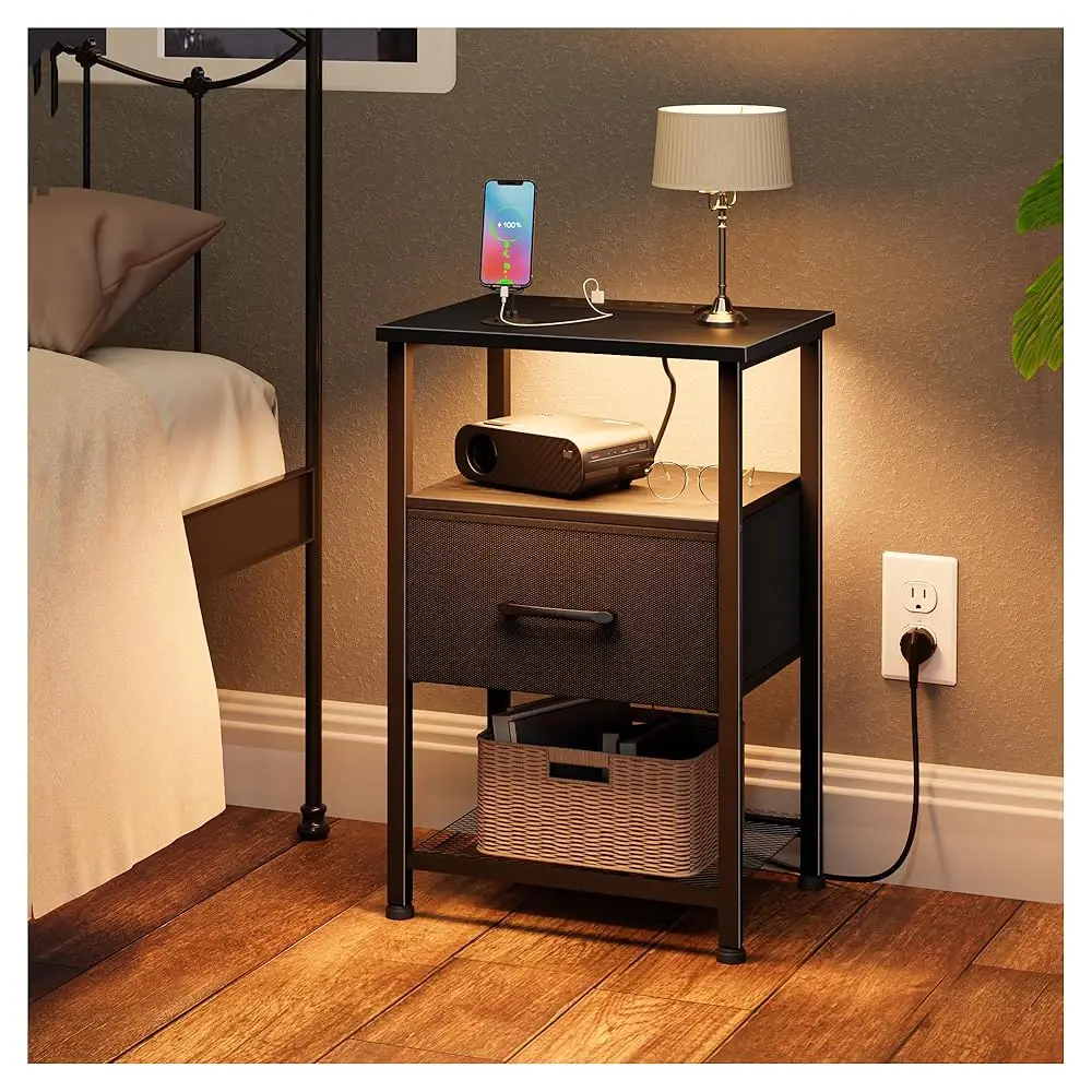 

Nightstand With Charging Station And Drawer, End Table Bedside Table With 20 Colors Led Light St And 2 Layers Shelf For Bedroom