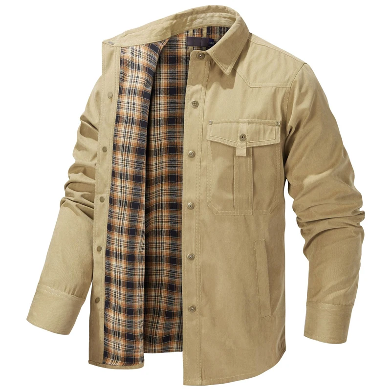 Spring Autumn Mens Flannel Plaid Shirt Jacket Casual Men Retro Lapel Cotton Warm Shirts Men Tactical Windbreaker Jacket Clothing