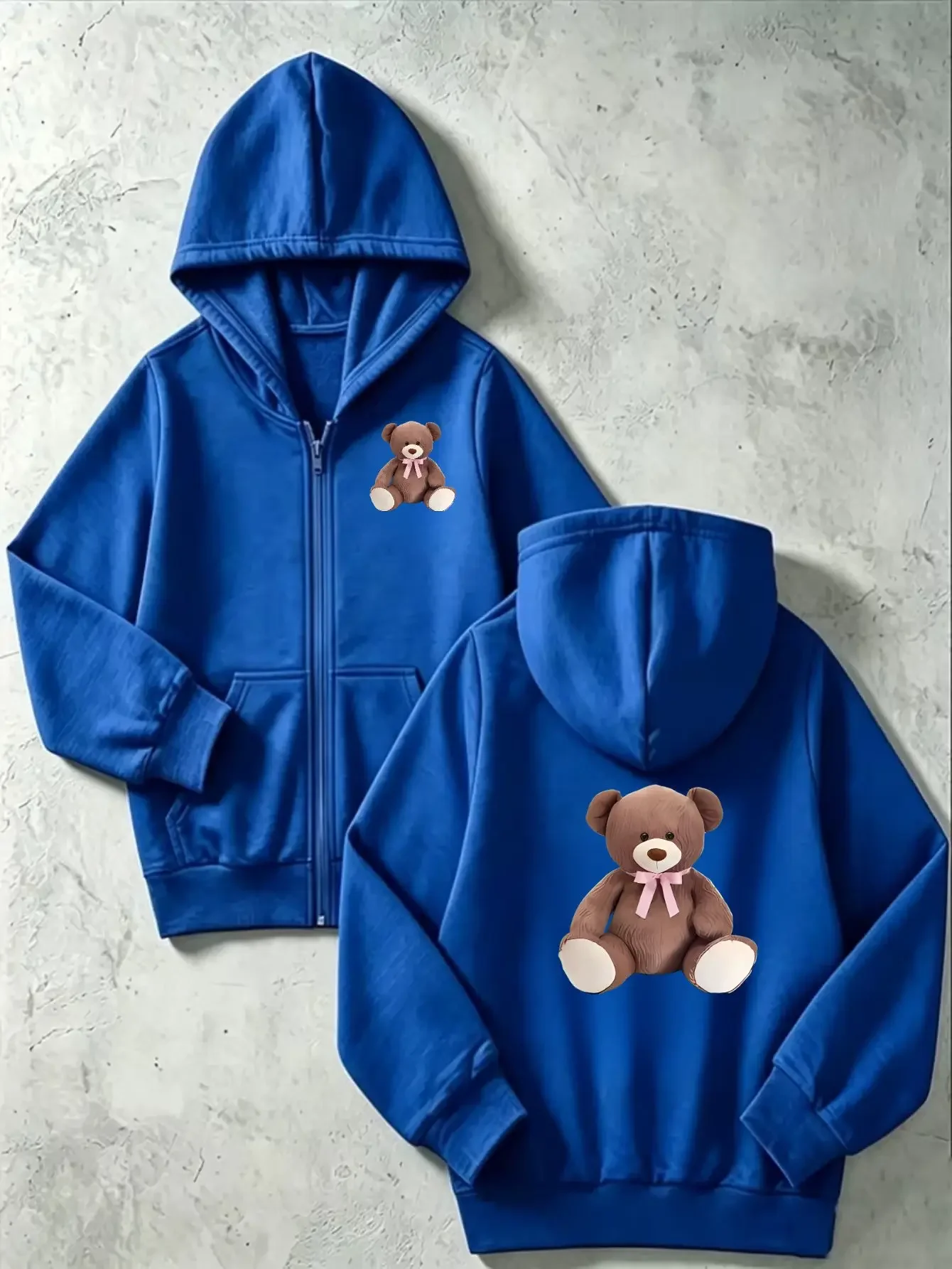 Blue Zip Up Hoodie Chest Small Pink Bow Teddy Bear Print Back Large Cute Bear Graphic Casual Daily Sweatshirt