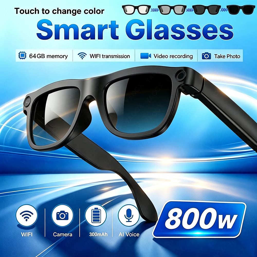 2026 Hot Electrochromic Lenses AI SmartGlasses 800W HD Camera 1080P AI Translation Shooting Everything Recognition SmartGlasses