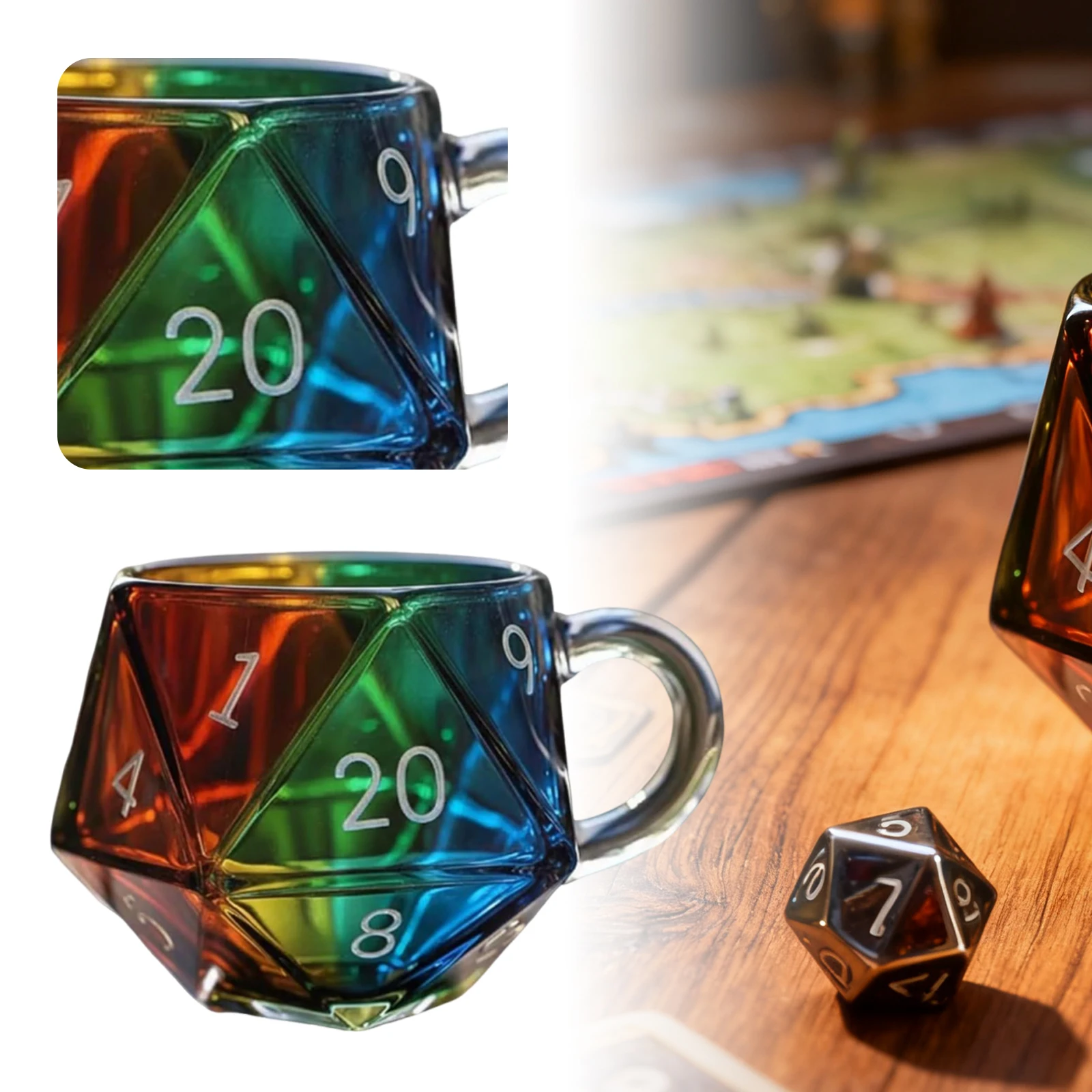 Rainbow D20 Dice Mug with Handle Polyhedral Dice Coffee Cup Transparent Glass Game Mug for Fantasy Lovers